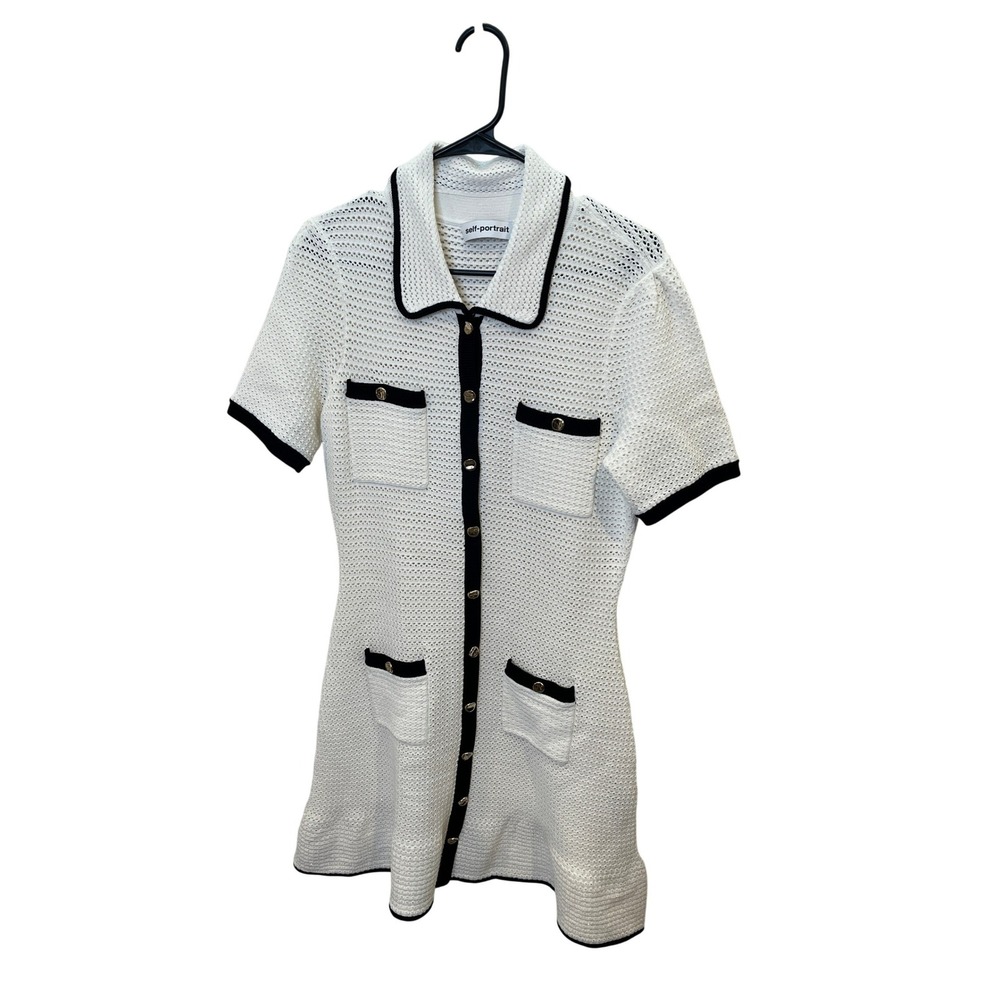 Self-Portrait White Crochet Mini Dress Black Trim SS24-936S-W Womens Medium M